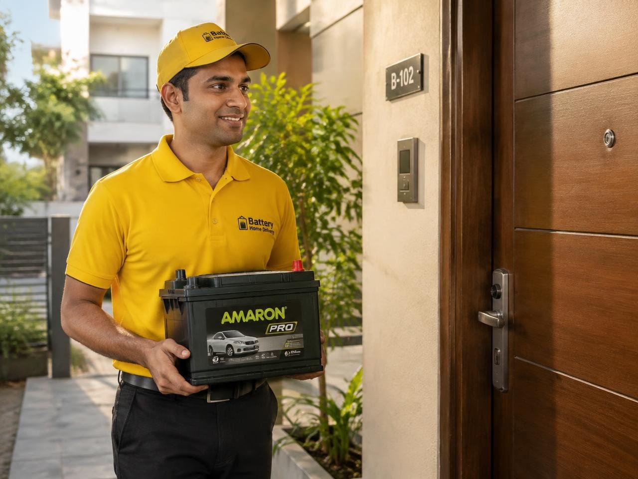 Aryan Batteries technician at a customer's doorstep