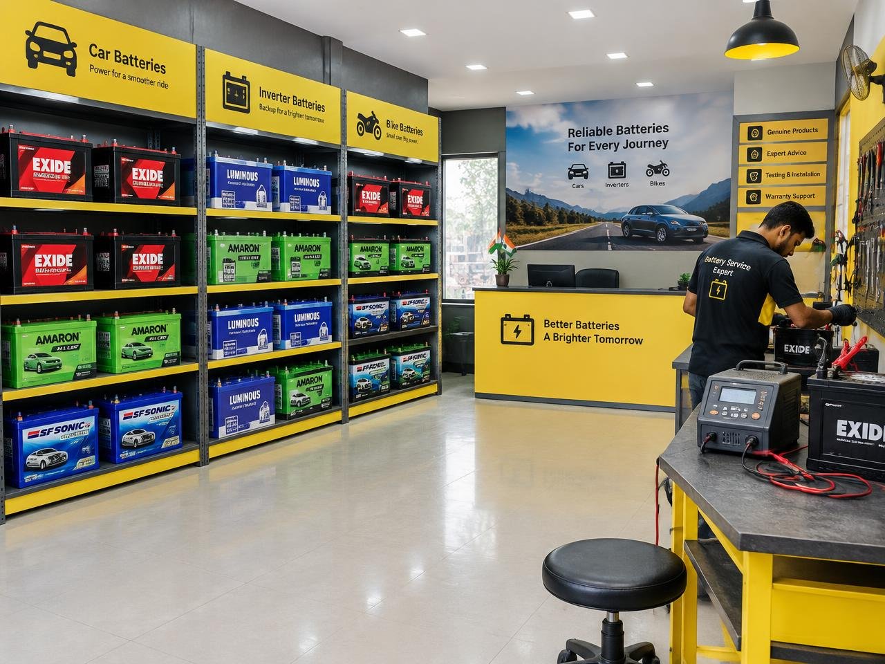 Aryan Batteries store interior with battery shelves